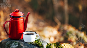 A blog image with navy blue with a woman's hand holding a cup of coffee.
