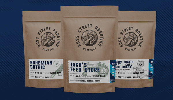 A hero image of three bags of coffee from Ross Street Roasting showcasing their expertly crafted blends.